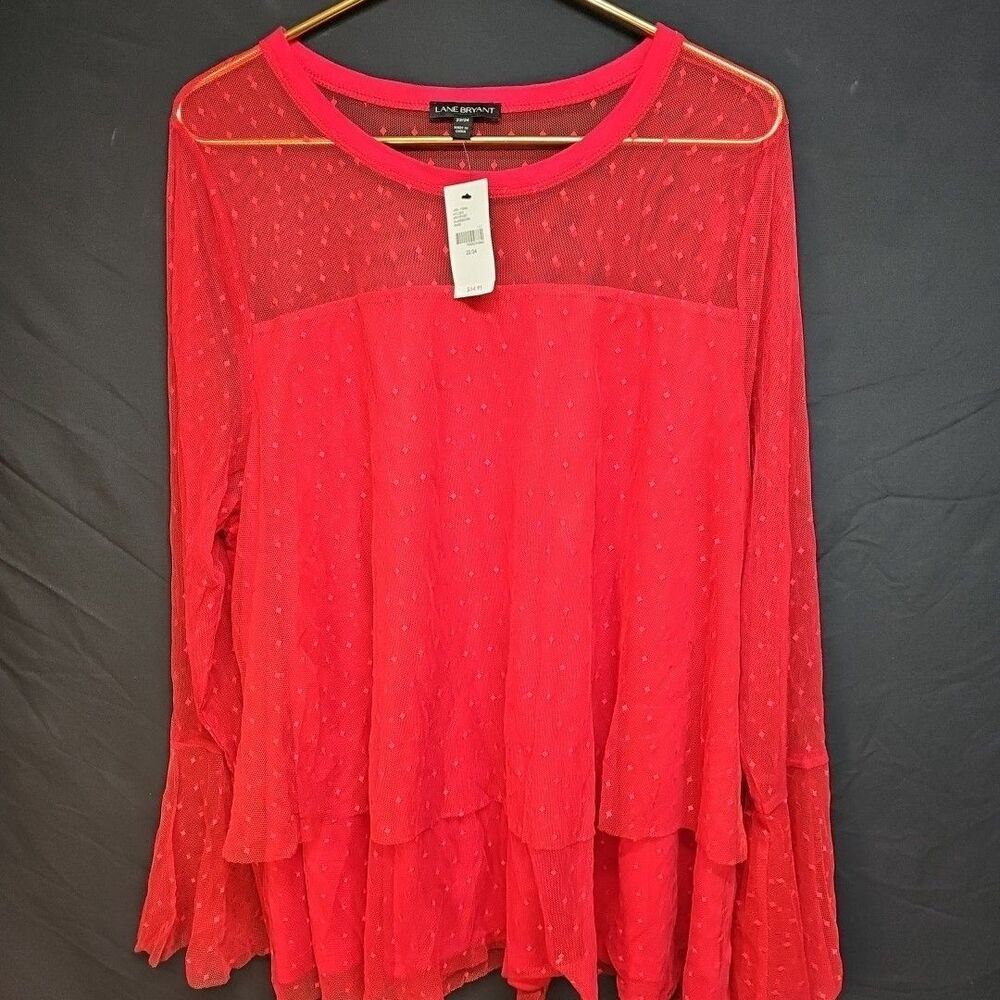 TRENDY LANE BRYANT WOMEN'S RED MESH NECK & LONG SLEEVE TOP PLUS Sz 22/24 NWT